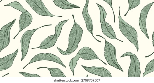 Nahtloses Muster mit grünen tropischen Blättern in Linienkunst. Botanischer Hintergrund mit exotischer Pflanze. 