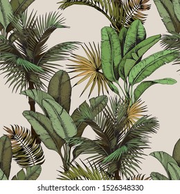 Patrón inoxidable con palma tropical verde y hojas de plátano. Ilustración vectorial dibujada a mano sobre fondo beige.