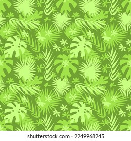 Seamless pattern with green tropical palm leaves on green background. Exotic foliage wallpaper.