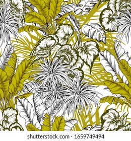 Seamless pattern with green tropical plants and banana leaves. Hand drawn vector illustration isolated on white background.