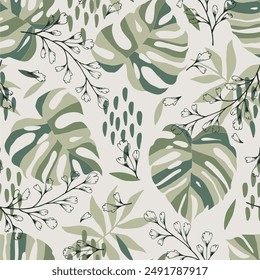 Seamless pattern with green tropical plants and leaves. Floral seamless vector tropical pattern background with exotic leaves, jungle leaf. Exotic wallpaper, Hawaiian style.