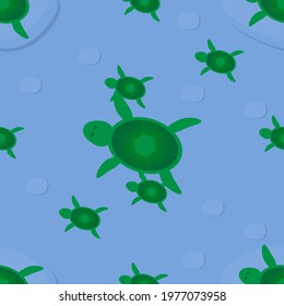 Seamless pattern green turtle and blue sea cartoon. World Turtle day. Vector abstract flat art background for design and decoration textile, covers, package, wrapping paper. Illustration EPS 10.