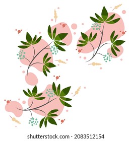 seamless pattern of green twigs with dark petals and blue berries
