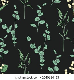 Seamless pattern with green twigs and herbs