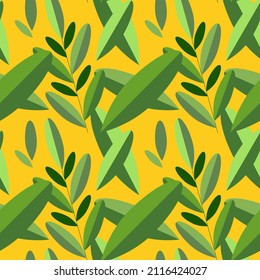 Seamless pattern with green twigs and leaves on a yellow background. Floral print for summer clothes, wrapping paper, organic food packaging, wallpapers. Vector illustration.