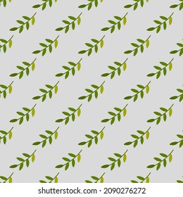Seamless pattern with green twigs on gray background. Vector illustration.