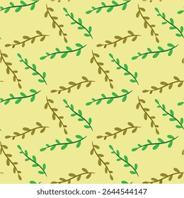 Padrão contínuo com galhos verdes em um fundo amarelo.