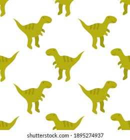 Seamless pattern with green tyrannosaurus, happy dinosaur with a smile. Illustration for children. Drawn by hands. It can be used for design of clothes, fabrics, wrapping paper, phone cases.