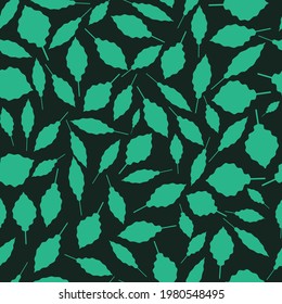 Patrón sin foco con hojas de undulato verde sobre un fondo oscuro. Vector.