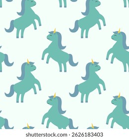 Seamless Pattern with Green Unicorn. Children Vector Flat Illustration.