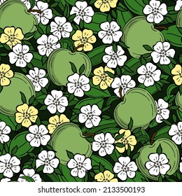 Patrón sin foco con manzanas verdes sin madurar, flor de manzana, hojas verdes. Ilustración vectorial.