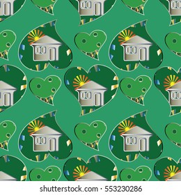 Seamless pattern. Green vector 3d background with nature, home, trees,sun and love hearts.Eco organic  pattern background.