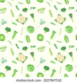 Seamless pattern with green vegetables. Cabbage, Cauliflower, leeks, broccoli, celery.