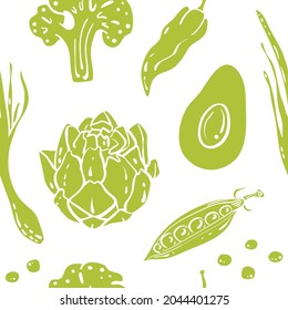 Seamless pattern with green vegetables and fruits. Colorful paper cut collection of vegetables and herbs isolated on white background. Doodle hand drawn vector illustration