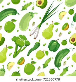 Seamless pattern with green vegetables and fruits. Vector flat illustration