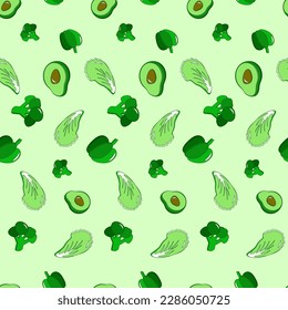 Seamless pattern of green vegetables. Healthy food background. Lettuce, broccoli, bell pepper, avocado. Organic, fresh, delicious vegetables. Flat vector illustration.