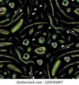 Seamless pattern with green veggies on black background. Handdrawn vector illustration for signboards, menu and banner designs.