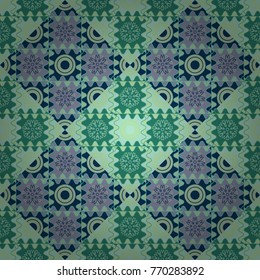 Seamless pattern in green, violet and blue colors. Vector background with tiles and rhombus. Vector geometrical seamless ornament.
