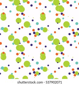 Seamless pattern with green, violet, orange, blue messy different geometric shapes: polygon, hexagon, heptagon, octagon, pentagon of different sizes on white background. Random geo texture. Vector.