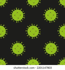 Seamless pattern of green viruses on a black background. Acute respiratory virus infection.