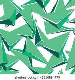 Seamless pattern with green volumetric triangles on a white background. Vector illustration in abstract geometric style, for your designs and prints on fabrics and packaging