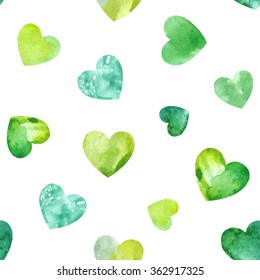 Seamless pattern with green watercolor hearts. Background design.