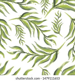 Seamless pattern with green watercolor leaves. Summer Hand drawn illustration