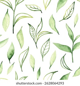 Seamless pattern with green watercolor leaves and branches on white background. Hand drawn botanical elements. Design for wallpaper, textile, print, postcard, invitation