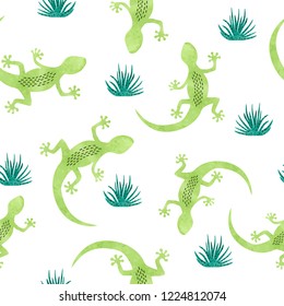 Seamless pattern with green watercolor lizard.