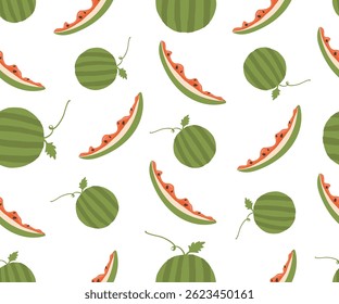 Padrão contínuo de melancia verde e fatias destacadas em um fundo branco. Projeto vetorial para o verão Suculento impressões têxteis e fundos, Festivo padrão de dia de melancia.