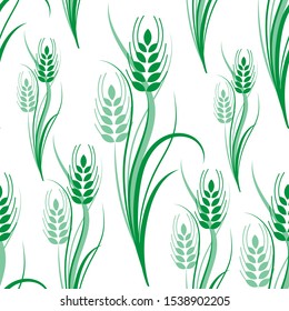 Seamless pattern with green wheat spikelets on a white isolated background. Vector illustration.