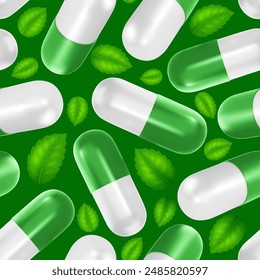 Seamless pattern with green white 3d realistic medical capsule pills, medicinal plant leaves. Background on pharmaceutical, herbal medicine theme. Phytotherapy concept. Vector illustration