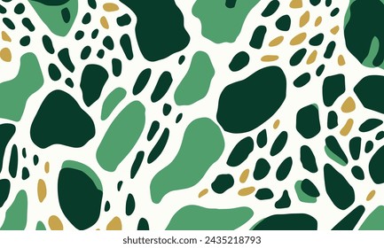 Motif harmonieux de Formes Vertes et Blanches Abstraites, Ressemblant à des points ou à l'impression Leopard, Avec Fond Blanc Clair. Le design intègre des verts émeraude et des blancs