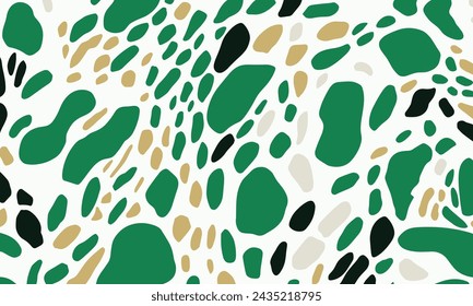 Motif harmonieux de Formes Vertes et Blanches Abstraites, Ressemblant à des points ou à l'impression Leopard, Avec Fond Blanc Clair. Le design intègre des verts émeraude et des blancs