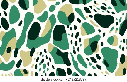 Seamless Pattern of Green and White Abstract Shapes, Resembling Spots or Leopard Print, With a Light White Background. The Design Incorporates Emerald Greens and Whites