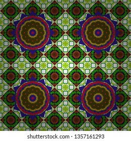Seamless pattern in green, white and black colors. Invitation element. Vector ornamental mandala inspired ethnic art, patterned Indian paisley. Tattoo, astrology, alchemy, boho and magic symbol.