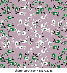 Seamless pattern with green, white and black elements on lilac background