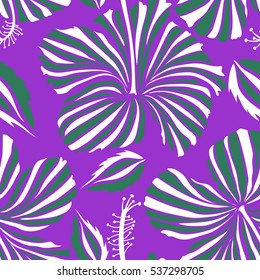 Seamless pattern in green and white colors. Vector vintage seamless tropical hibiscus flowers.