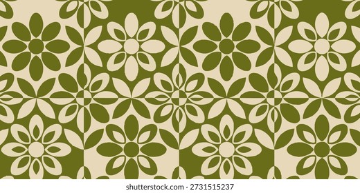 Un patrón sin fisuras de flores verdes y blancas dispuestas en un diseño repetitivo visto directamente desde arriba