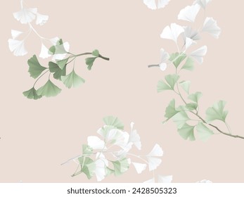 Seamless pattern, green and white ginkgo leaves on light brown background