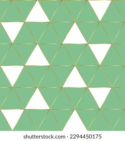 Patrón sin inconvenientes con diseño de triángulos verdes, blancos y dorados para papel de pared, fondo, arte de pared, tela, tarjetas y papel de envoltura. Diseño vectorial geométrico.