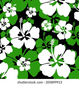Seamless pattern with green and white Hibiscus flowers on black background, vector illustration