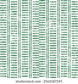 Seamless pattern with green white straight grunge striped lines. Slub textured white background.  