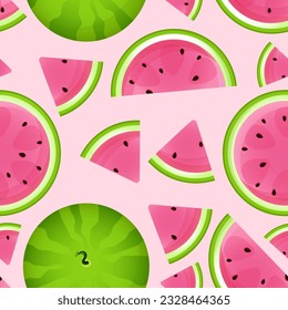 Seamless pattern of green whole watermelon and pieces of sliced on a pink background