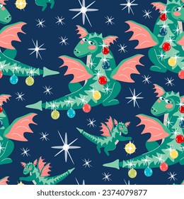 Seamless pattern of green winged dragon as a Christmas tree with a baby. Vector cartoon illustration of blue New Year background with 2024 symbol for packaging, wallpaper