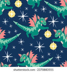 Seamless pattern of green winged dragons flying among the stars with shiny Christmas balls. Vector cartoon illustration of blue New Year background with 2024 symbol for packaging, wallpaper