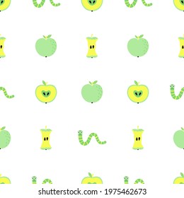 seamless pattern with green worms and apples, vector illustration with whole, cut and apple core, print with cartoon insect and sweet fruit