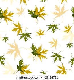 Seamless pattern with green and yellow autumn leaves. Vector illustration on white background.