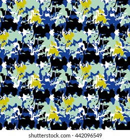 Seamless pattern with green, yellow, black and white elements on violet background