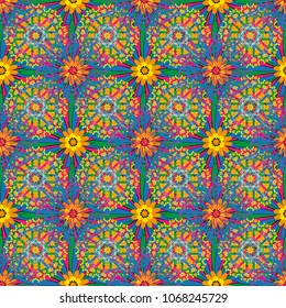 Seamless pattern with green, yellow and blue flowers and leaves, abstract floral pattern. Tileable vector pattern for wallpaper, cards or fabric.